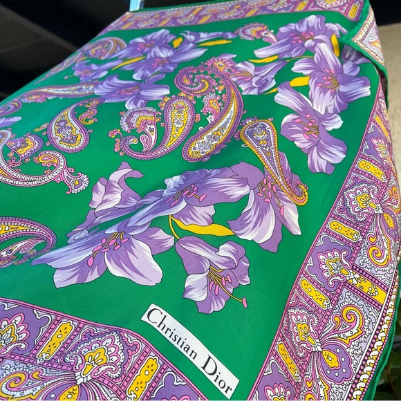 Dior Accessories - Christian Dior Silk Scarf RARE Green Floral Paisley Square Medium Size 26 x 26”